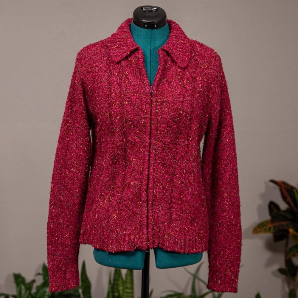 Vintage 90s Cardigan Sweater Pink Multicolor Full Zip Knit Size Large